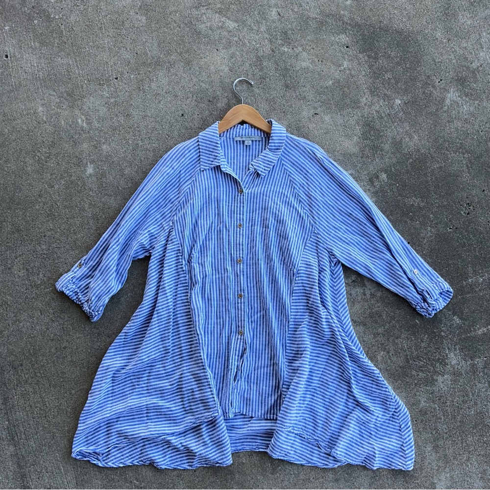 Marc New York Andrew Marc Blue & White Stripe Button Collared Shirt Dress 1X